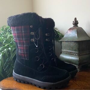 BearPaw Black / Red Lotus Suede Water Repellent Winter Plaid Boots